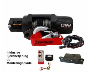 Pakketilbud: El-spil, X-Power 2500, 12V, med syntetisk reb, inkl. fjernbetjening og monteringsplade